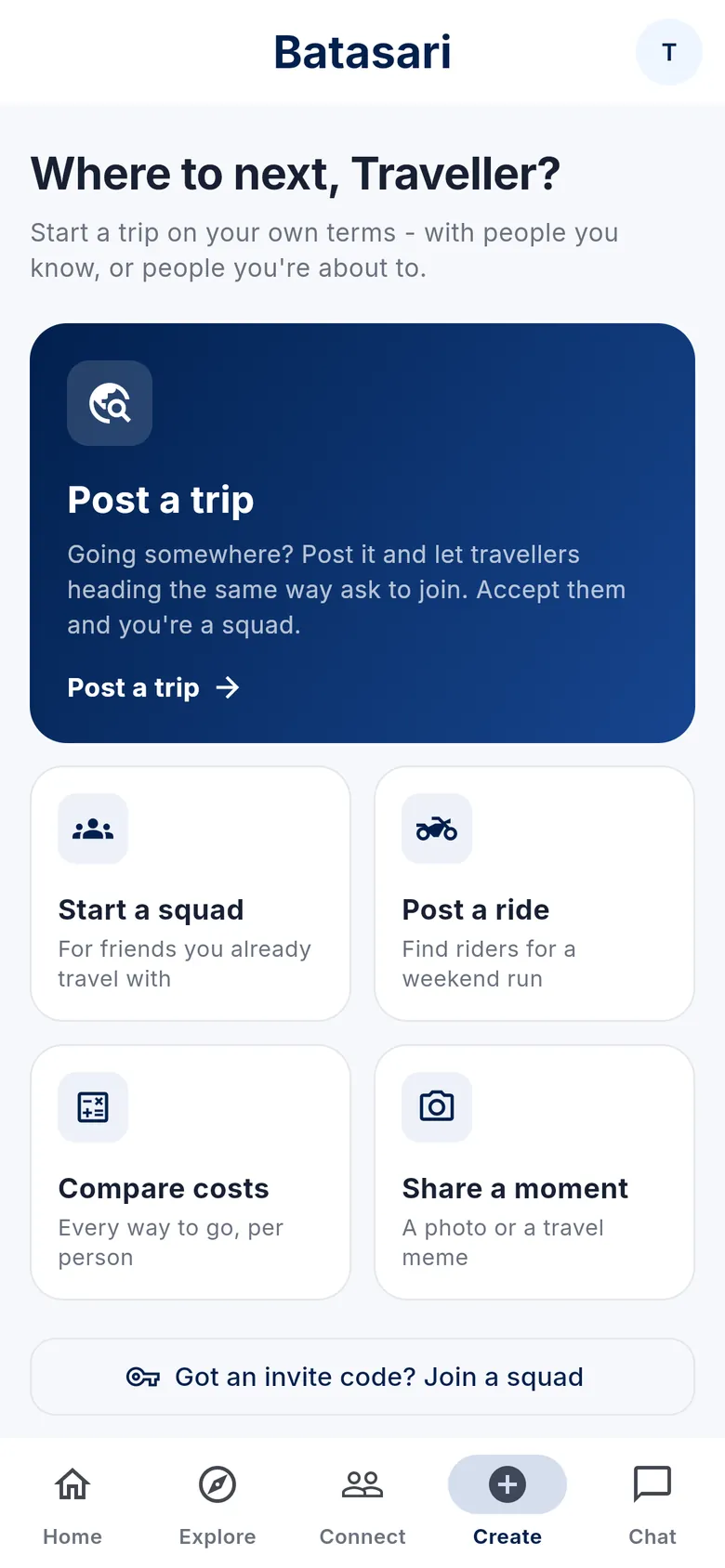 Batasari Create tab: post a trip, start a squad, post a ride, plan a trip, share a moment