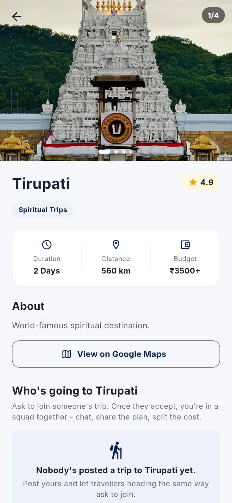 Tirupati destination page in Batasari showing duration, distance, budget and who's going