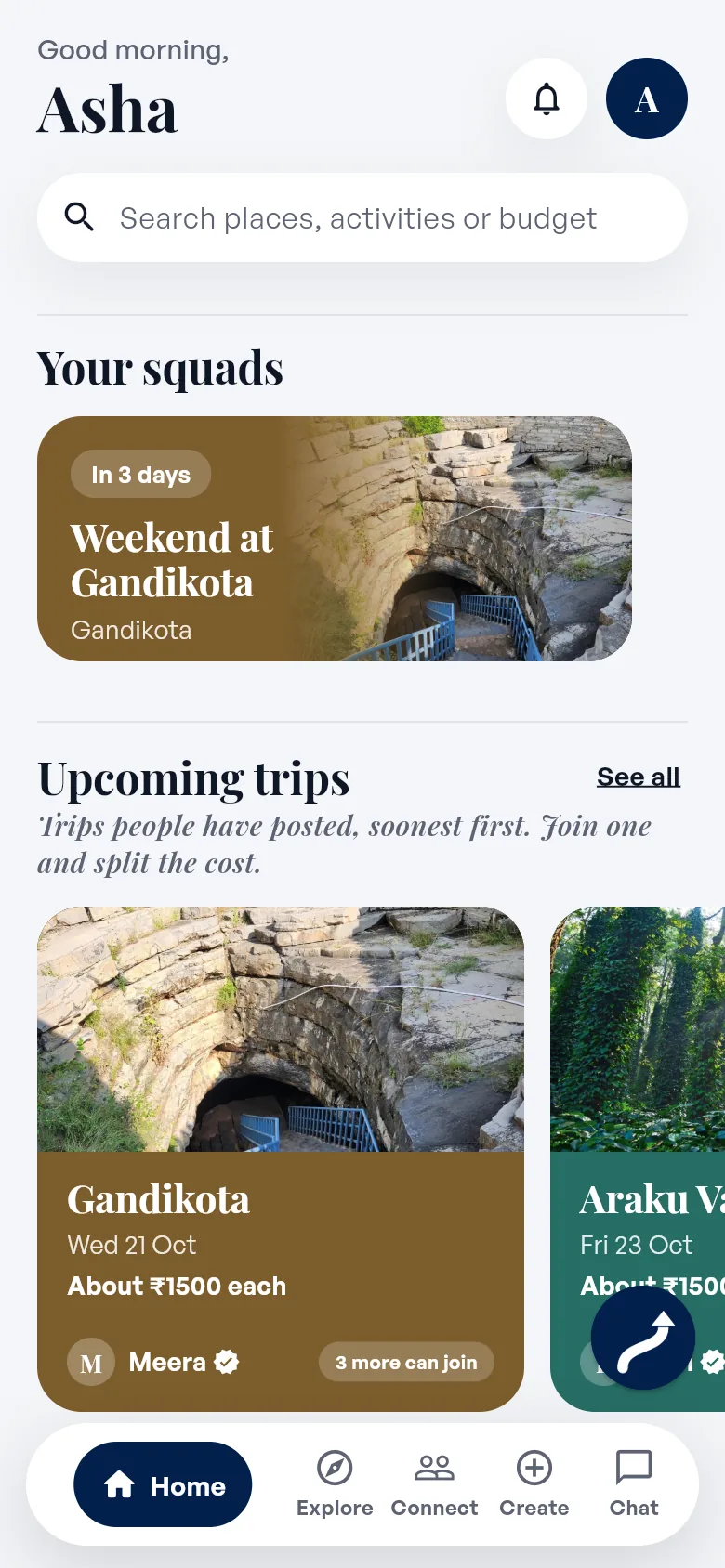 Batasari home screen: your squads, and trips leaving this weekend that you can join