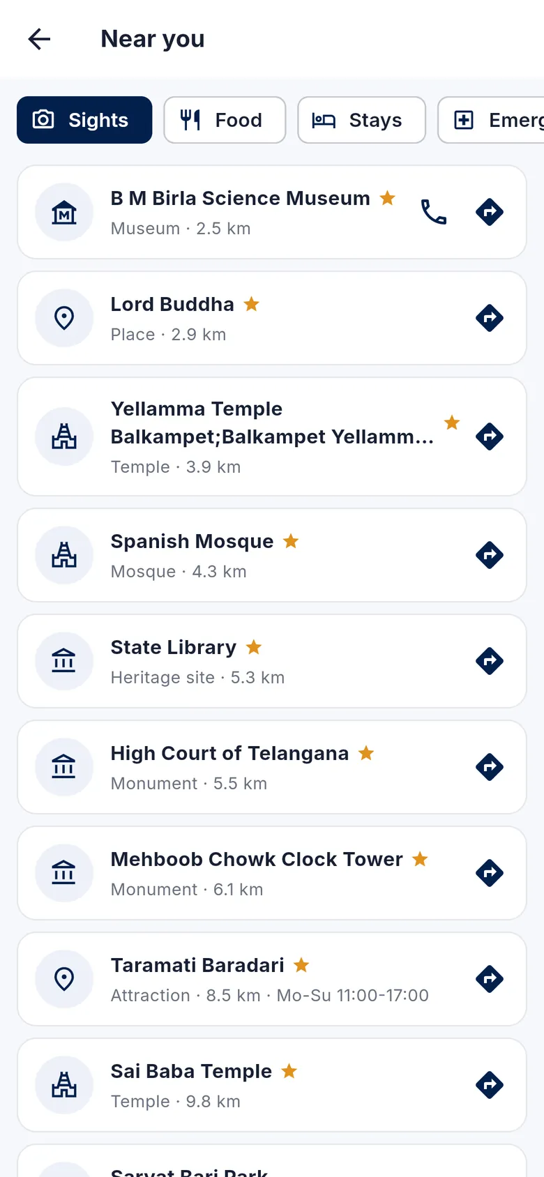 Nearby screen listing real sights around Hyderabad with distances